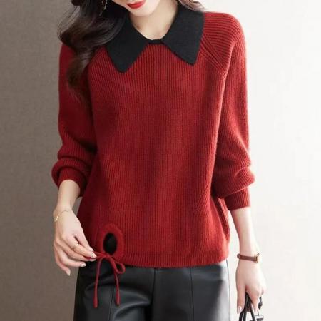 FA52192# 时尚娃娃领撞色毛衣女士短款秋冬新款设计感内搭针织打底衫厚  服裝批發女裝批發服飾貨源