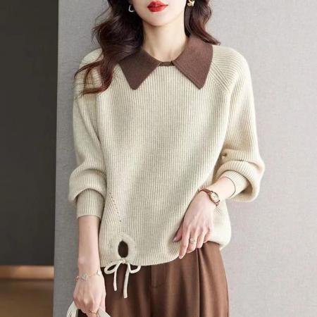 FA52192# 时尚娃娃领撞色毛衣女士短款秋冬新款设计感内搭针织打底衫厚  服裝批發女裝批發服飾貨源