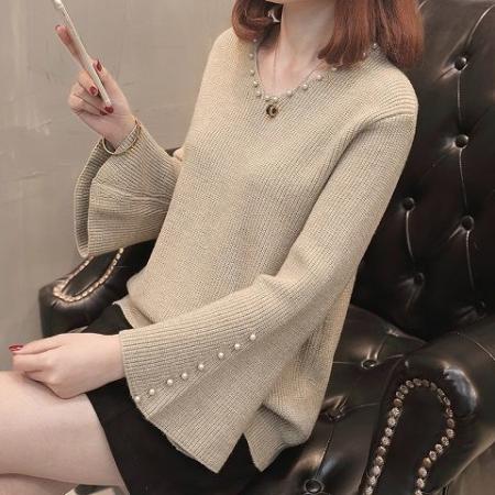 FA52193# V领毛衣女春秋新款短款喇叭袖打底衫长袖百搭时尚大码针织衫  服裝批發女裝批發服飾貨源