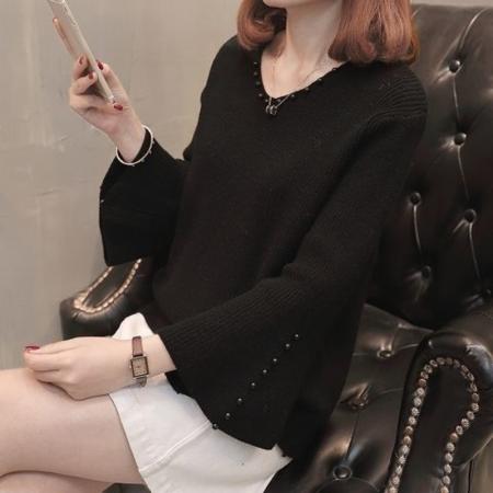 FA52193# V领毛衣女春秋新款短款喇叭袖打底衫长袖百搭时尚大码针织衫  服裝批發女裝批發服飾貨源