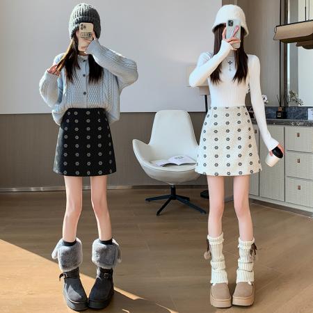加厚毛呢半身裙女学院秋冬小花呢子高腰垂感甜美显瘦a字包臀短裙  服裝批發女裝批發服飾貨源