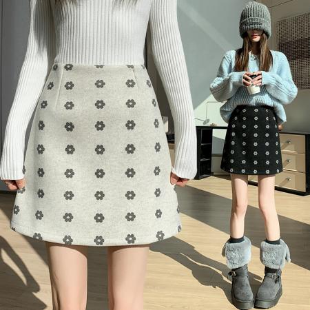 加厚毛呢半身裙女学院秋冬小花呢子高腰垂感甜美显瘦a字包臀短裙  服裝批發女裝批發服飾貨源