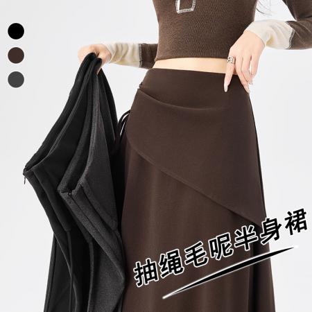 加厚毛呢半身裙女秋冬老钱风辣妹复古百搭高腰显瘦中长a字裙  服裝批發女裝批發服飾貨源