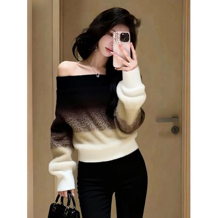 FA52196# 美拉德设计感独特漂亮短款上衣高级感棕黑色一字肩渐变毛衣女秋冬  服裝批發女裝批發服飾貨源