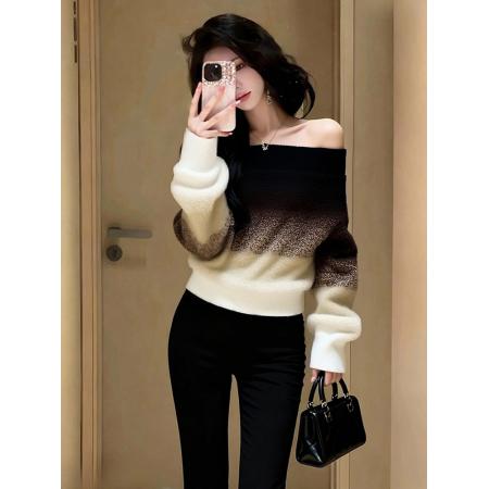 FA52196# 美拉德设计感独特漂亮短款上衣高级感棕黑色一字肩渐变毛衣女秋冬  服裝批發女裝批發服飾貨源