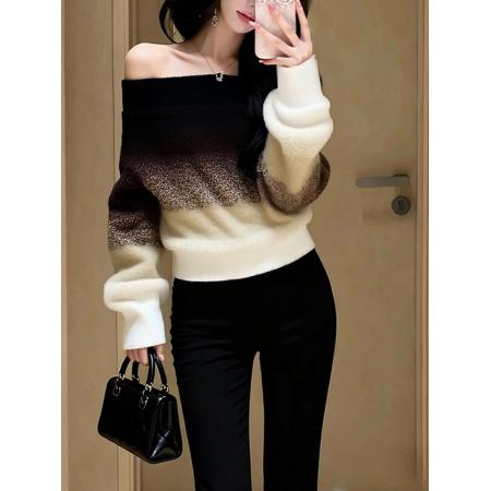 FA52196# 美拉德设计感独特漂亮短款上衣高级感棕黑色一字肩渐变毛衣女秋冬  服裝批發女裝批發服飾貨源