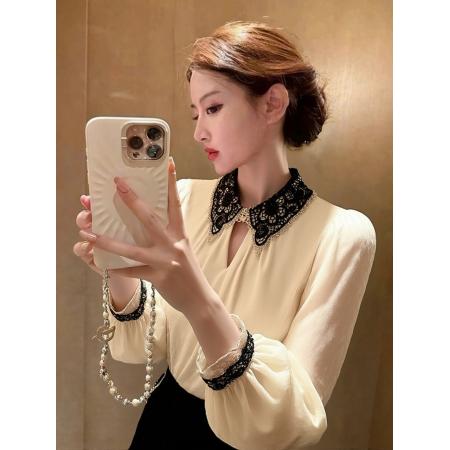 FA52197# 冬轻奢高级感不撞款独特漂亮减龄高端欧货洋气白色丝绒衬衫女  服裝批發女裝批發服飾貨源