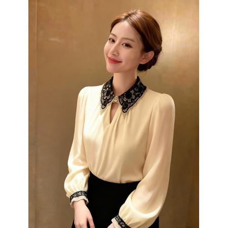 FA52197# 冬轻奢高级感不撞款独特漂亮减龄高端欧货洋气白色丝绒衬衫女  服裝批發女裝批發服飾貨源