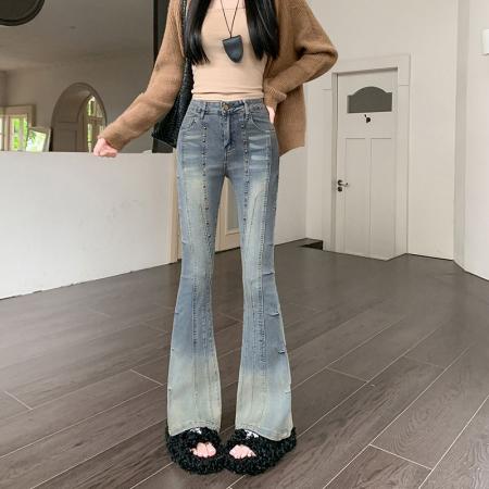 复古铆钉重工微喇牛仔裤女秋季高腰显高设计感修身长裤  服裝批發女裝批發服飾貨源