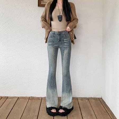 复古铆钉重工微喇牛仔裤女秋季高腰显高设计感修身长裤  服裝批發女裝批發服飾貨源