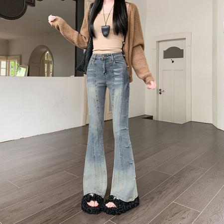 复古铆钉重工微喇牛仔裤女秋季高腰显高设计感修身长裤  服裝批發女裝批發服飾貨源