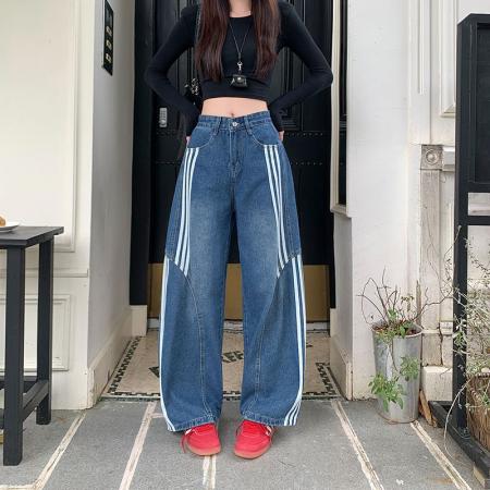 复古水洗条纹牛仔裤女秋季设计感宽松显瘦弯刀裤阔腿裤  服裝批發女裝批發服飾貨源
