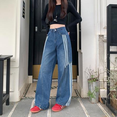 复古水洗条纹牛仔裤女秋季设计感宽松显瘦弯刀裤阔腿裤  服裝批發女裝批發服飾貨源