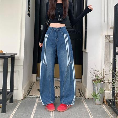 复古水洗条纹牛仔裤女秋季设计感宽松显瘦弯刀裤阔腿裤  服裝批發女裝批發服飾貨源