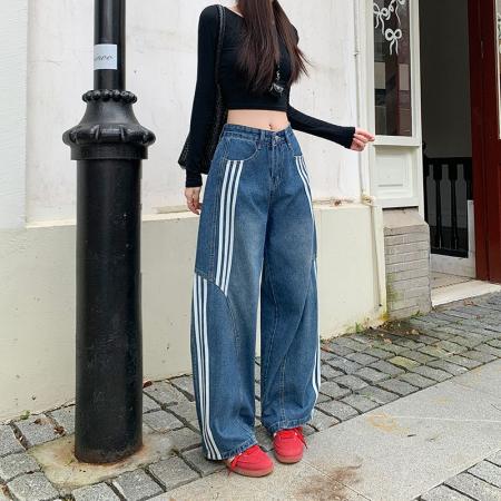 复古水洗条纹牛仔裤女秋季设计感宽松显瘦弯刀裤阔腿裤  服裝批發女裝批發服飾貨源