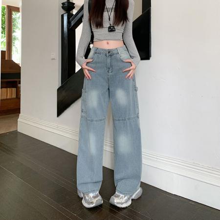 FA52202# 美式高街印花牛仔裤女新款水洗阔腿工装休闲直筒长裤子  服裝批發女裝批發服飾貨源