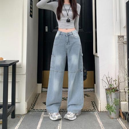 FA52202# 美式高街印花牛仔裤女新款水洗阔腿工装休闲直筒长裤子  服裝批發女裝批發服飾貨源