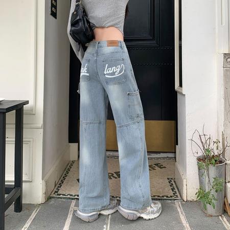 FA52202# 美式高街印花牛仔裤女新款水洗阔腿工装休闲直筒长裤子  服裝批發女裝批發服飾貨源