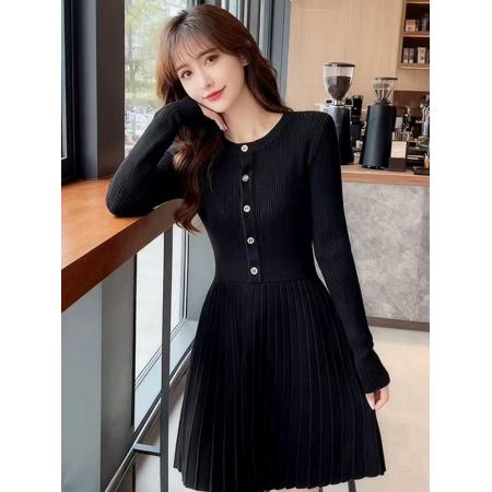 FA52208# 秋冬季外穿气质内搭长袖黑色针织连衣裙收腰A字裙配大衣的毛衣裙  服裝批發女裝批發服飾貨源