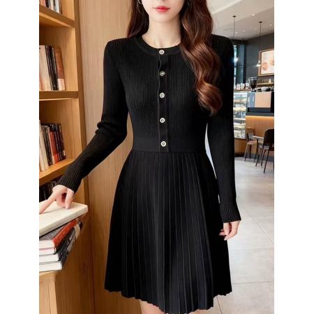FA52208# 秋冬季外穿气质内搭长袖黑色针织连衣裙收腰A字裙配大衣的毛衣裙  服裝批發女裝批發服飾貨源