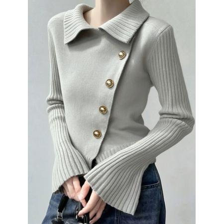 氛围感小众穿搭灰色翻领斜扣针织衫女秋冬新款设计感百搭毛衣  服裝批發女裝批發服飾貨源