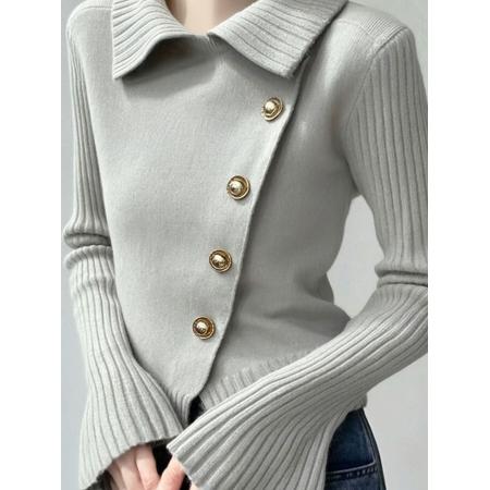 氛围感小众穿搭灰色翻领斜扣针织衫女秋冬新款设计感百搭毛衣  服裝批發女裝批發服飾貨源