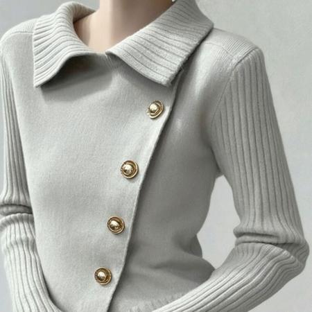 氛围感小众穿搭灰色翻领斜扣针织衫女秋冬新款设计感百搭毛衣  服裝批發女裝批發服飾貨源