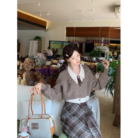 复古胶片秋冬美拉德学院减龄Polo领假两件毛衣针织上衣  服裝批發女裝批發服飾貨源