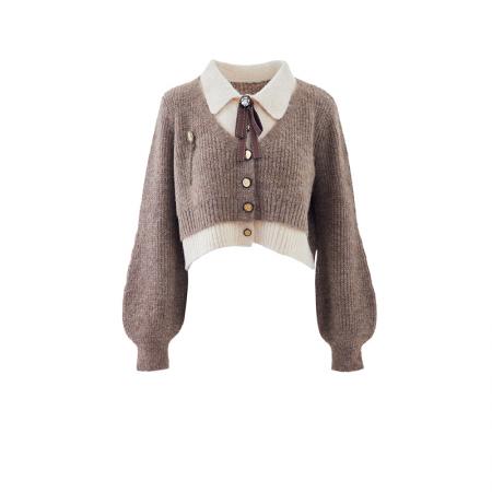 复古胶片秋冬美拉德学院减龄Polo领假两件毛衣针织上衣  服裝批發女裝批發服飾貨源