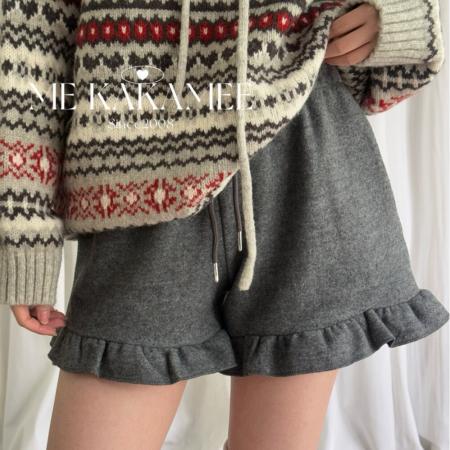 FA52214# 韩系简约木耳花边加绒纯色百搭显瘦休闲短裤  服裝批發女裝批發服飾貨源