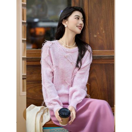 千金风含羊毛钉珠羽毛针织衫25秋冬新款温柔内搭外穿毛衣  服裝批發女裝批發服飾貨源