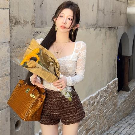 小雨姐姐拜拜烦恼休闲时尚复古粗花呢亮片短裤女冬季新款  服裝批發女裝批發服飾貨源