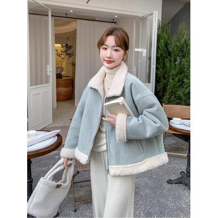 麂皮绒皮毛一体羊羔毛短外套女小个子高级感毛绒翻领加厚保暖上衣  服裝批發女裝批發服飾貨源