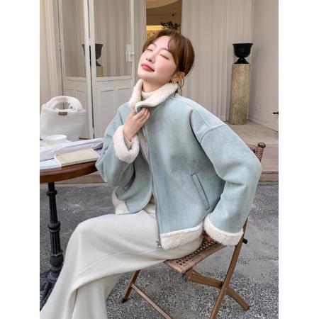 麂皮绒皮毛一体羊羔毛短外套女小个子高级感毛绒翻领加厚保暖上衣  服裝批發女裝批發服飾貨源