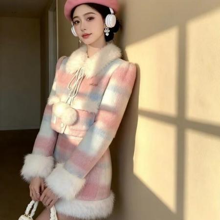 奶油棉花糖/格纹呢子外套高腰半...