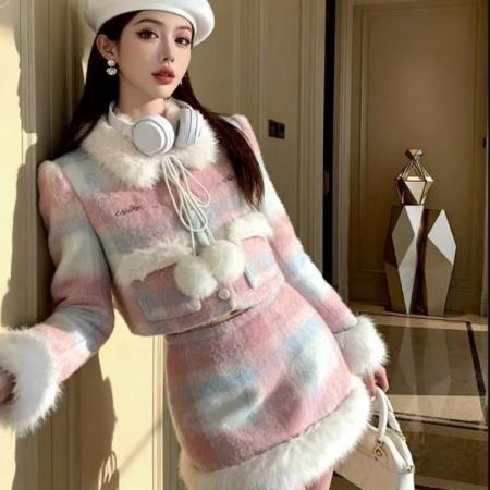 奶油棉花糖/格纹呢子外套高腰半身裙套装女冬季甜美两件套  服裝批發女裝批發服飾貨源