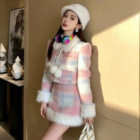 奶油棉花糖/格纹呢子外套高腰半身裙套装女冬季甜美两件套  服裝批發女裝批發服飾貨源