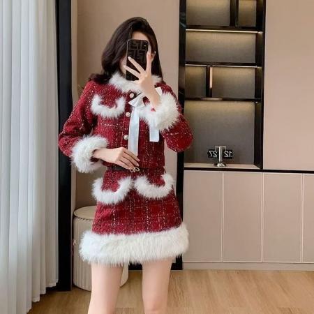 圣诞氛围感小香风毛毛长袖外套高腰保暖半身裙新年战袍套装  服裝批發女裝批發服飾貨源