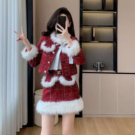 圣诞氛围感小香风毛毛长袖外套高腰保暖半身裙新年战袍套装  服裝批發女裝批發服飾貨源
