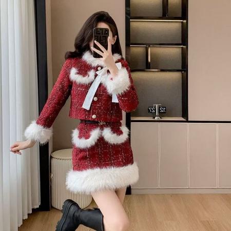 圣诞氛围感小香风毛毛长袖外套高腰保暖半身裙新年战袍套装  服裝批發女裝批發服飾貨源