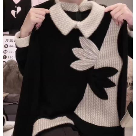 LN76409# 韩版撞色假两件翻领长袖上衣女重工花朵设计感显瘦百搭针织衫大码