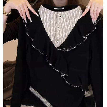 LN76412# 设计感荷叶边假两件半高领长袖T恤女秋冬新款女显瘦百搭打底上衣