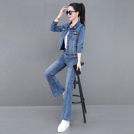 FA52223# 欧货新款韩系弹力牛仔套装女春秋季减龄上衣外套喇叭裤两件套 服裝批發女裝批發服飾貨源