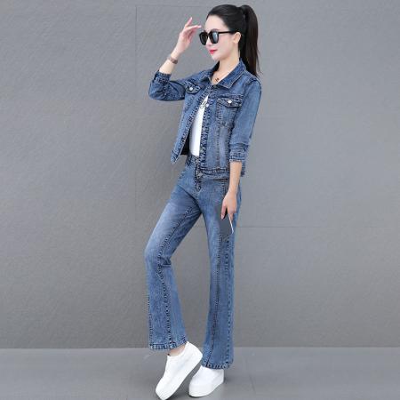 FA52223# 欧货新款韩系弹力牛仔套装女春秋季减龄上衣外套喇叭裤两件套 服裝批發女裝批發服飾貨源