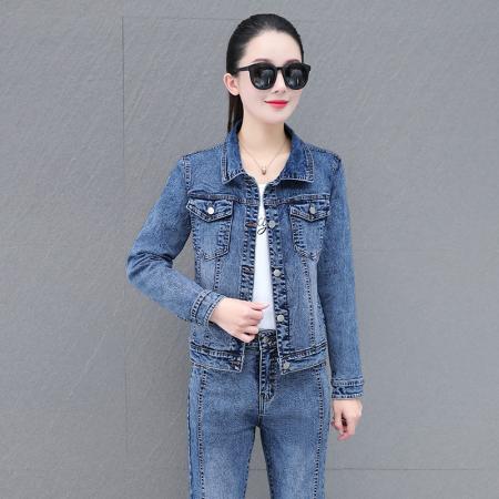 FA52223# 欧货新款韩系弹力牛仔套装女春秋季减龄上衣外套喇叭裤两件套 服裝批發女裝批發服飾貨源