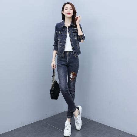 FA52226# 抖音大爆款实拍春季新款炸街牛仔套装裤女设计感两件套 服裝批發女裝批發服飾貨源