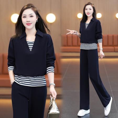 FA52245# 新品高品质休闲套装女秋季新款洋气条纹拼接假卫衣阔腿裤显瘦两件套 服裝批發女裝批發服飾貨源