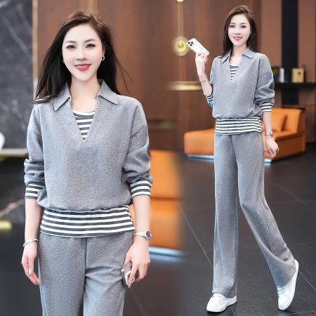 FA52245# 新品高品质休闲套装女秋季新款洋气条纹拼接假卫衣阔腿裤显瘦两件套 服裝批發女裝批發服飾貨源