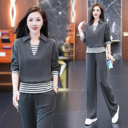 FA52245# 新品高品质休闲套装女秋季新款洋气条纹拼接假卫衣阔腿裤显瘦两件套 服裝批發女裝批發服飾貨源