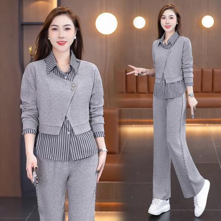 FA52246# 新品休闲运动套装女装春秋新款洋气假两件衬衫阔腿裤两件套 服裝批發女裝批發服飾貨源